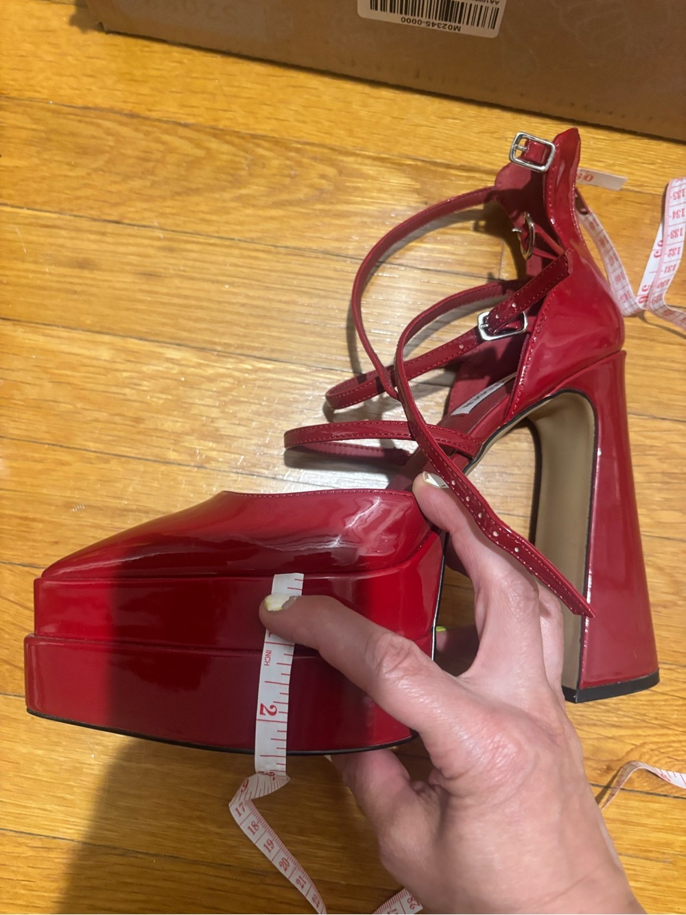 Steve Madden Red Patent Platform Block Heels with Strappy Wrap - Picture 3 of 8
